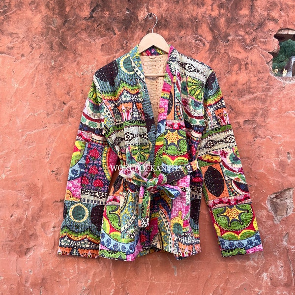 Indienne 100 % coton imprimé patchwork kantha veste patchwork unisexe devant cravate ouverte veste festival patchwork cadeau de Noël, KJ-326