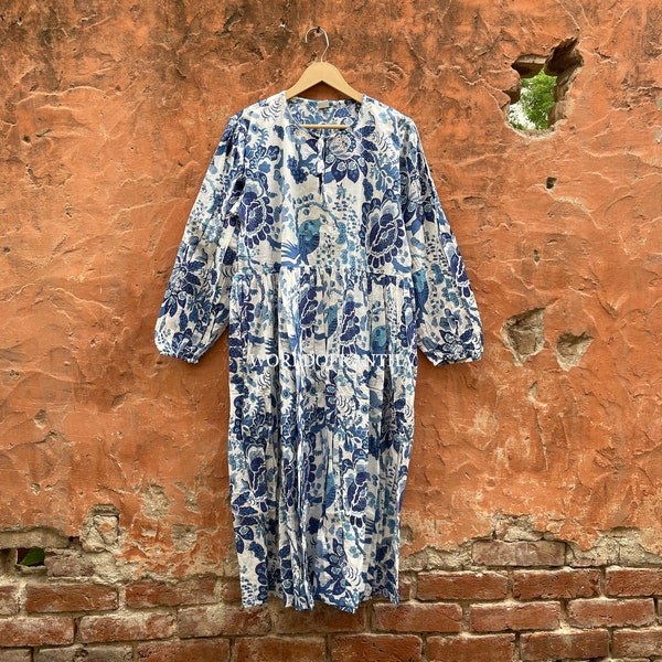 Indian Cotton Dress, Birds Hand-Block Print Maxi Dress, Handmade Bohemian Outfit , Customizable Womens Comfortable Garments ,Style,  DH-95