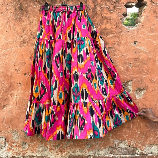 Cotton Multi-Colored Ikat Printed Skirt, Pure Cotton Fabric Summer Skirt Waist Skirts, Ikat Print Wrap Skirt,  Beach Wear Skirt, CPS-39