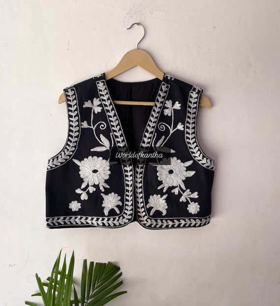 Women Suzani Embroidery Inside Cotton Lining Vest Coat Jacket 