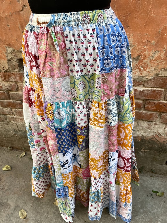 Buy Assorted Indian Patchwork Long Skirt Cotton Elastic Waist in 