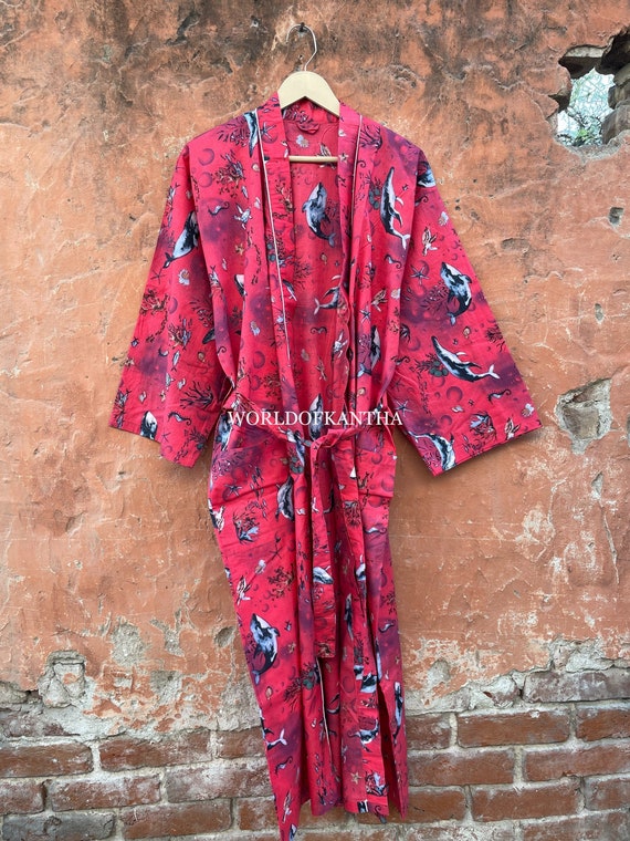 Cotton Kimono Whale Fish Robe Print Dressing Gown Bath Robe Women