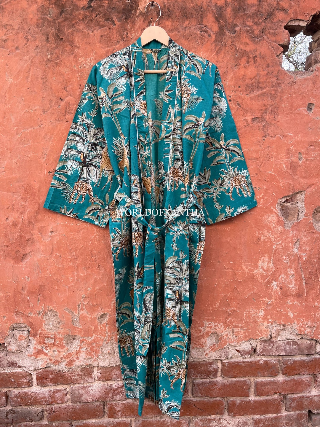 Cotton Kimono Jungle Safari Print Dressing Gown Indian Handmade Block