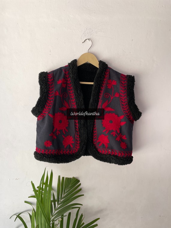 Suzani Embroidery Inside Fur Lining Cotton Vest Coat Jacket 
