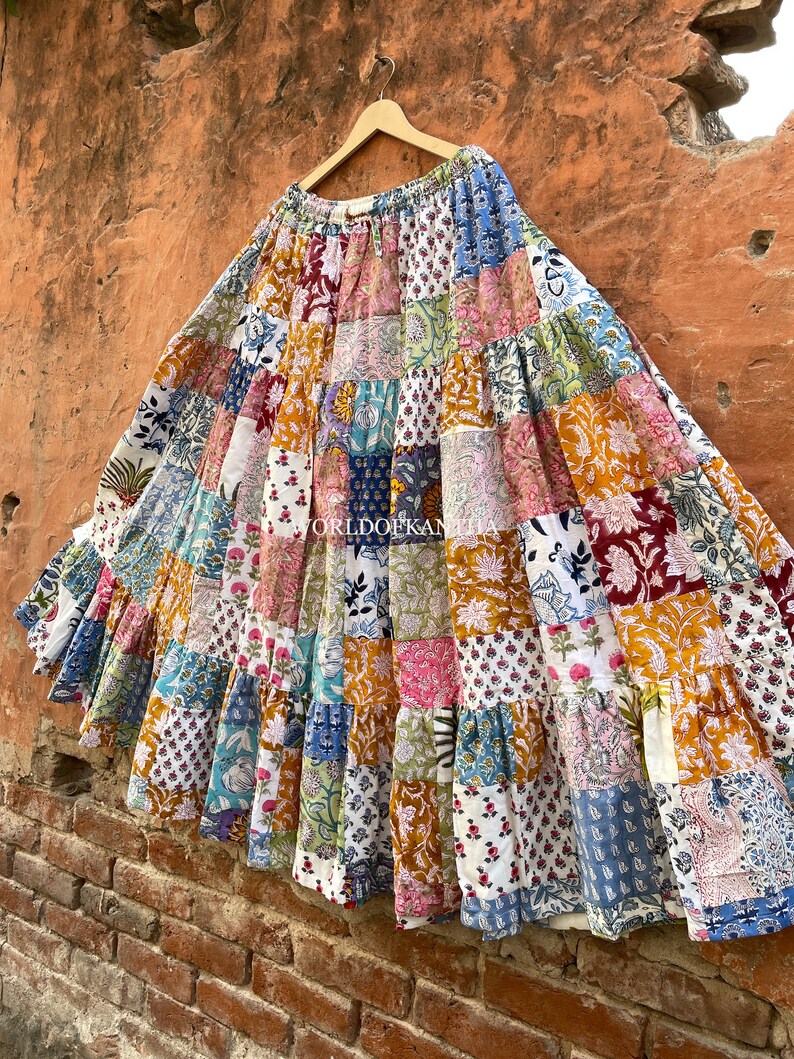 Brown - Bagh Block Printed Patchwork Cotton Long Skirt