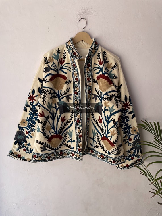 suzani Cotton Velvet Embroidery jacket Indian style Boho Coat Unisex  Bridesmaid Gift, Winter Jacket, Kimono Robe, Bridesmaid Jackets