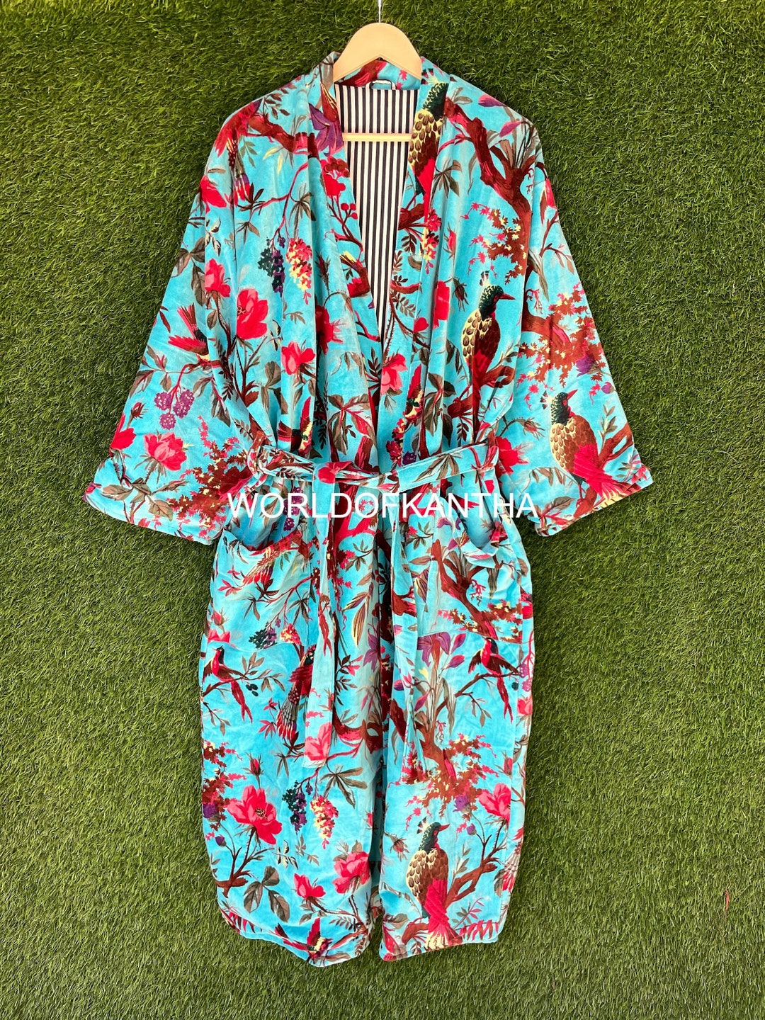 Indian 100 Cotton Velvet House Robe, Bird Print Turquoise Color Unisex Kimono Boho Kimono