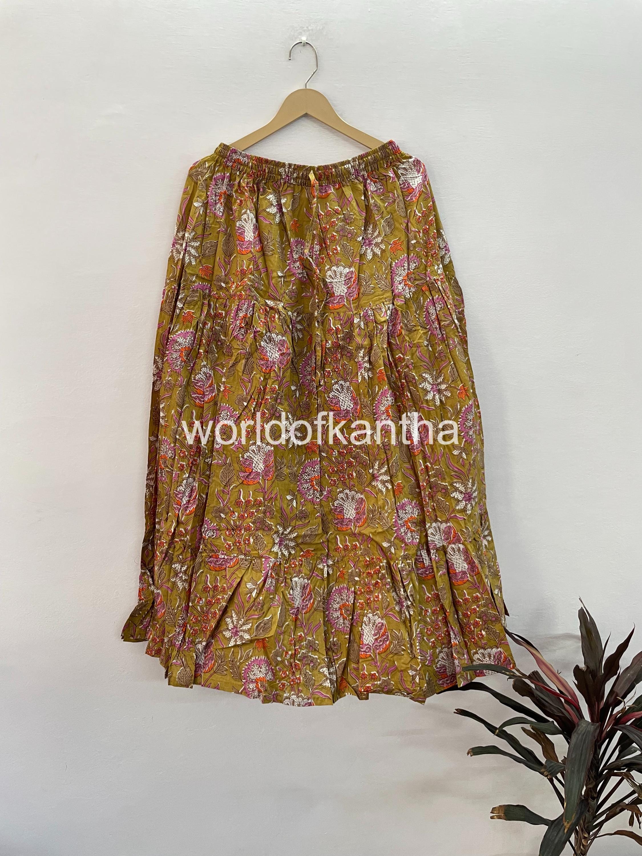 Cotton Ikat Print Maxi Skirt Indian Style Longwear Skirt Hand Printed Dress, Women Cotton Long Skirt  Flared Midi Skirts Customized