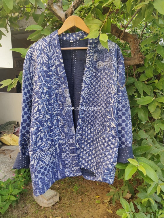 Blue Indian Kantha Jacket Cotton Patchwork Jacket Hand Block Print Handmade Quilted Jacket Unisex Coat Bohemian Style Jacket KJ 03 Etsy Ireland