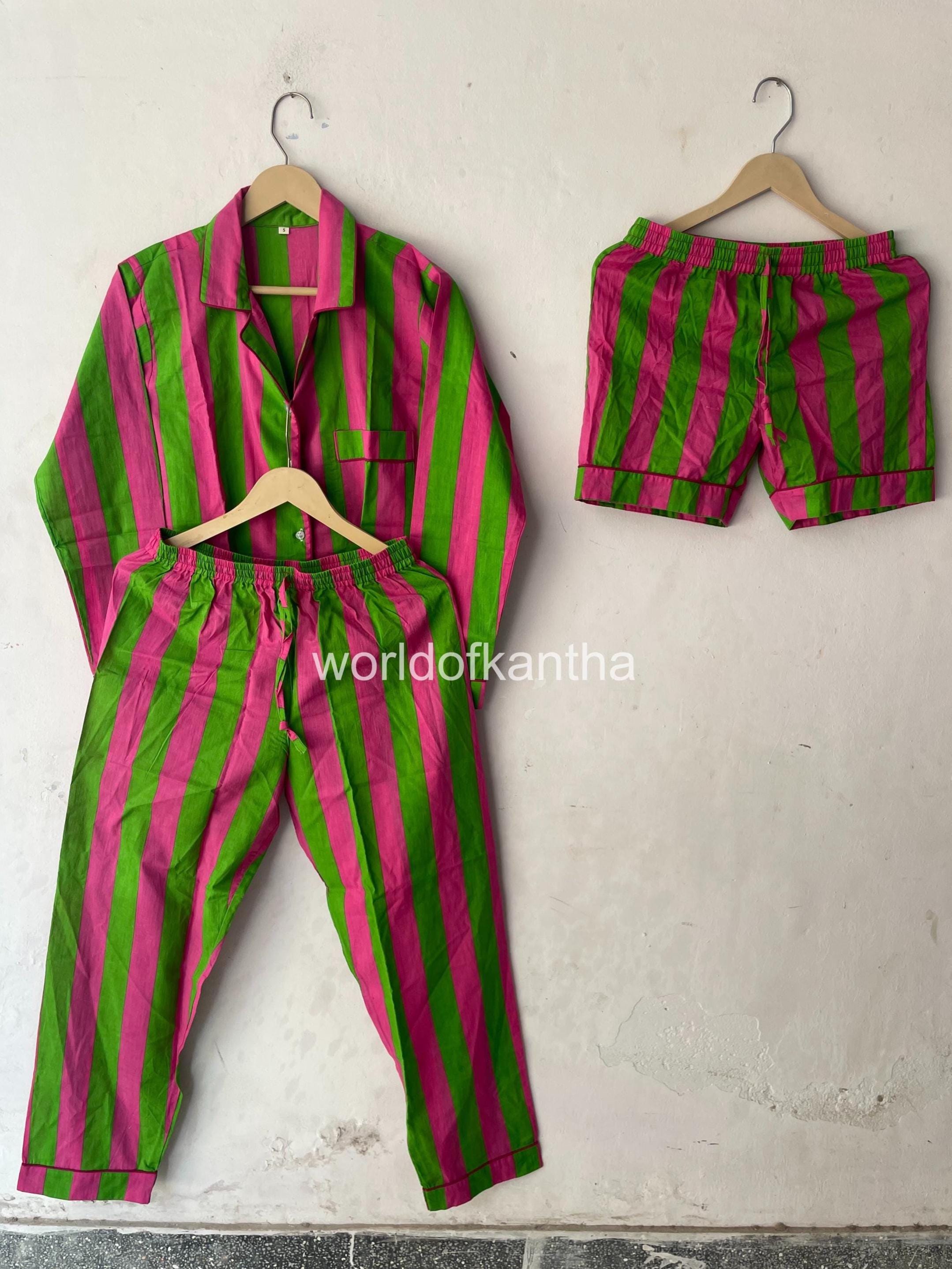Indian 100% Cotton Handmade cotton Striped print Longwear pyjama set set of 3 piece  pjs set Cotton Boho Hippie Night Suit