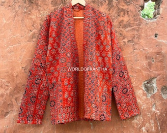 Cotton Ajrakh Print Patch Work Embroidered Handmade Hippie & Boho Unisex Coat Kantha Jacket Cotton Jacket Quilted Jacket,  KJ-237