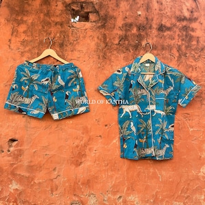 Pijama corto de algodón, ropa de dormir ligera, pijama con estampado animal, regalo para dama de honor, pijama corto cómodo, ropa unisex, ropa de resort.