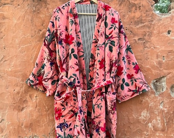 Indian Bird  Print Luxury Velvet House Robe, Unisex Kimono Boho Kimono Indian 100% Cotton Winter Warm Christmas, Gift, Bird pink, VKR-2