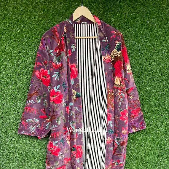 Floral Velvet Fabric Kimono, Indian Cotton Kimono, Handmade Long