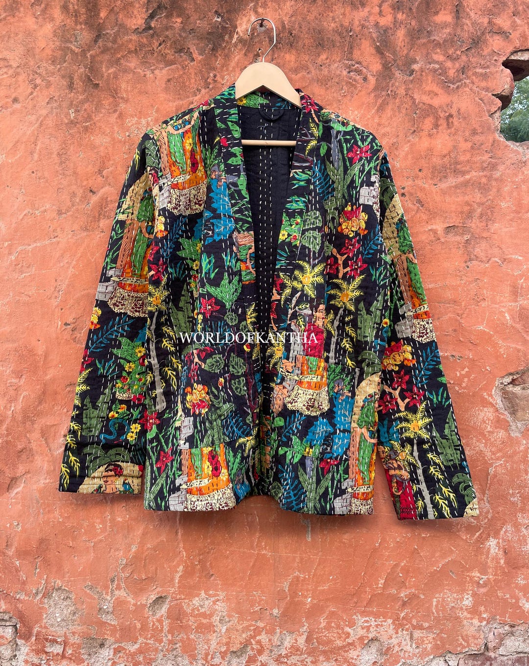 Casaco de algodão estampado Frida Kahlo Kantha Work feito à mão
