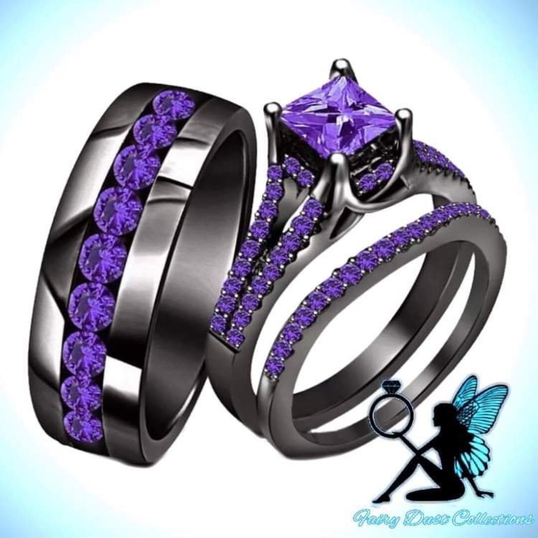 Black and purple wedding ring set best sale