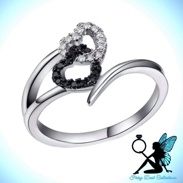 Yin Yang Black White Hearts Promise Ring