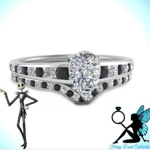 Jack Skellington Inspired Black and White Pear Cut Diamond Engagement Ring Set