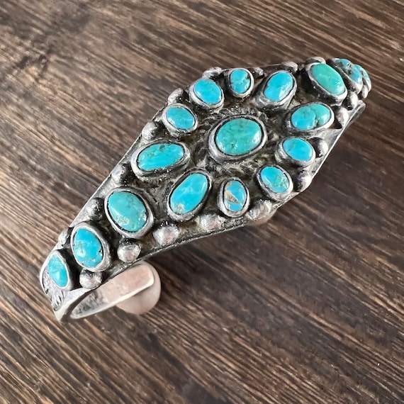 1920’s Forged Turquoise in Silver Cluster Cuff Br… - image 3