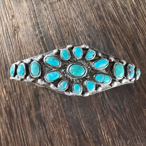 1920’s Forged Turquoise in Silver Cluster Cuff Br… - image 2
