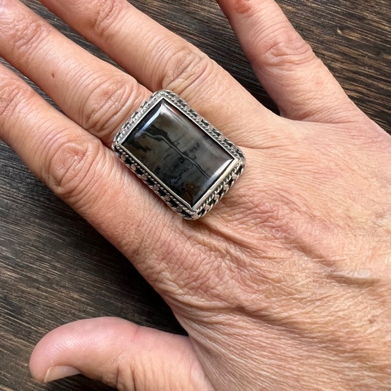 Vintage Petrified Wood and Silver Ring - image 10