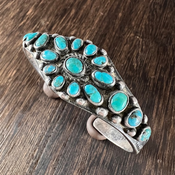 1920’s Forged Turquoise in Silver Cluster Cuff Br… - image 1