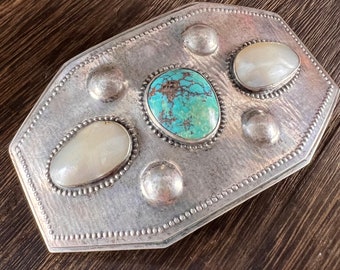 German Belt Buckle Turquoise and Shell in Silver
