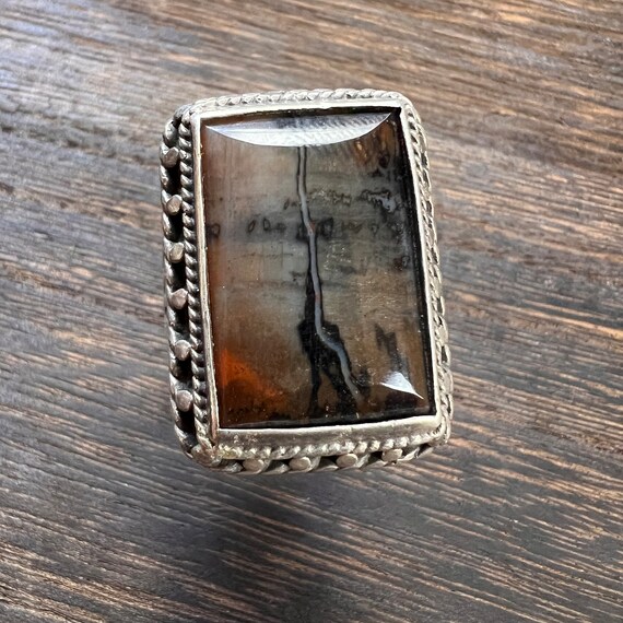 Vintage Petrified Wood and Silver Ring - image 2