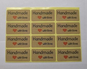 Handmade With Love Stickers – Kraft Paper – 24 Pieces – 2 x 4 cm – Perfect for Handmade & Small Business Packaging