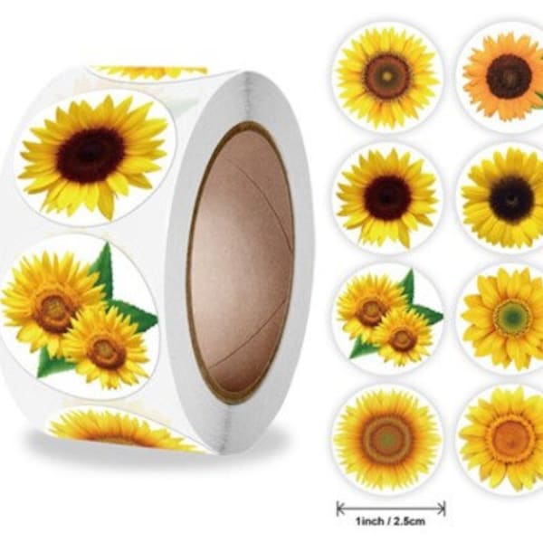 Zonnebloem stickers 8 designs | sealstickers, 1 inch, zomer, bloemen, wit papier