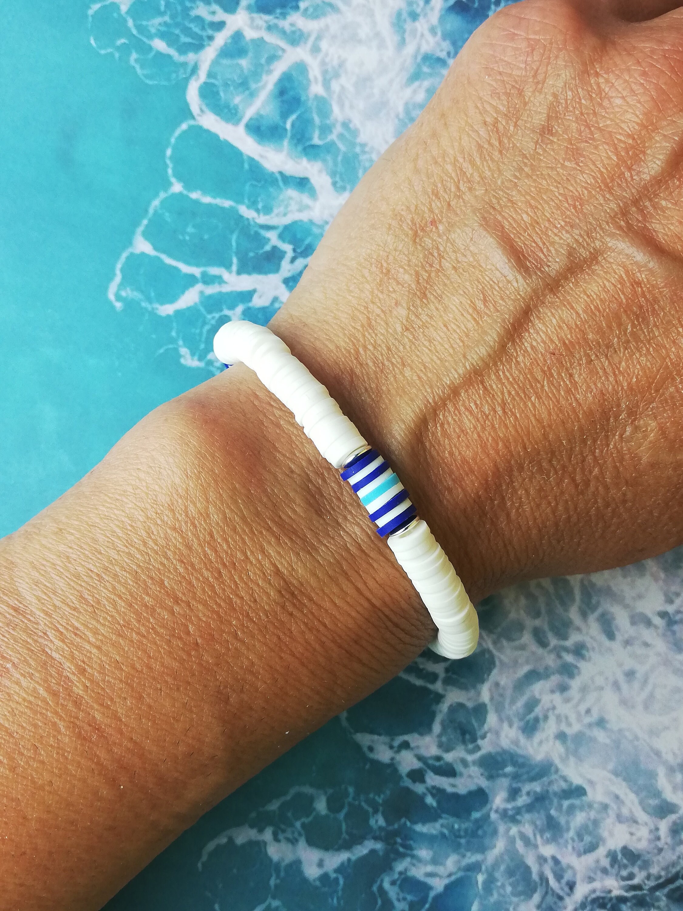 Surfer style bracelet with heishi beads and silver white and Etsy