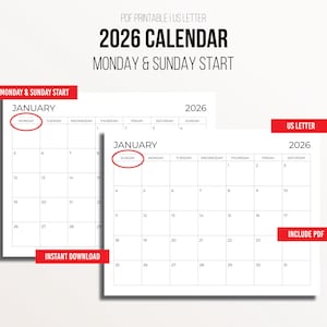 2026 Calendar Printable | US Letter | Monday & Sunday Start | Instant Download PDF