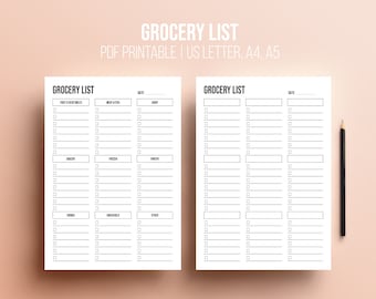 May include: A printable grocery list template with checkboxes for different categories, including fruit & vegetables, meat & fish, dairy, bakery, frozen, pantry, drinks, household, and other. The template is designed for US Letter, A4, and A5 paper sizes.