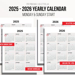 Printable 2025-2026 Yearly Calendar | Modern Minimalist Design | Monday & Sunday Start Options