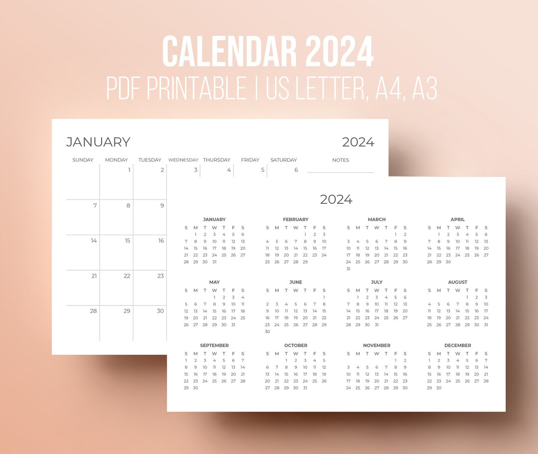 2024 Printable Calendar Simple Design, A4 and Letter Size, Sunday or ...