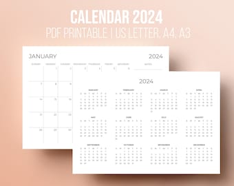 Calendrier 2024 imprimable - Conception simple, format A4 et lettre, début dimanche ou lundi