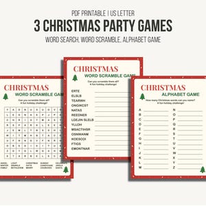 Christmas Games Printable Bundle – 3 Holiday Party Games for Kids & Adults | Word Scramble, Word Search, Alphabet Game | Instant Download
