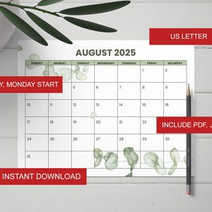 August 2025 Calendar Printable - Floral Green Minimalist Wall Planner - US Letter Size - Sunday & Monday Start - Instant Download
