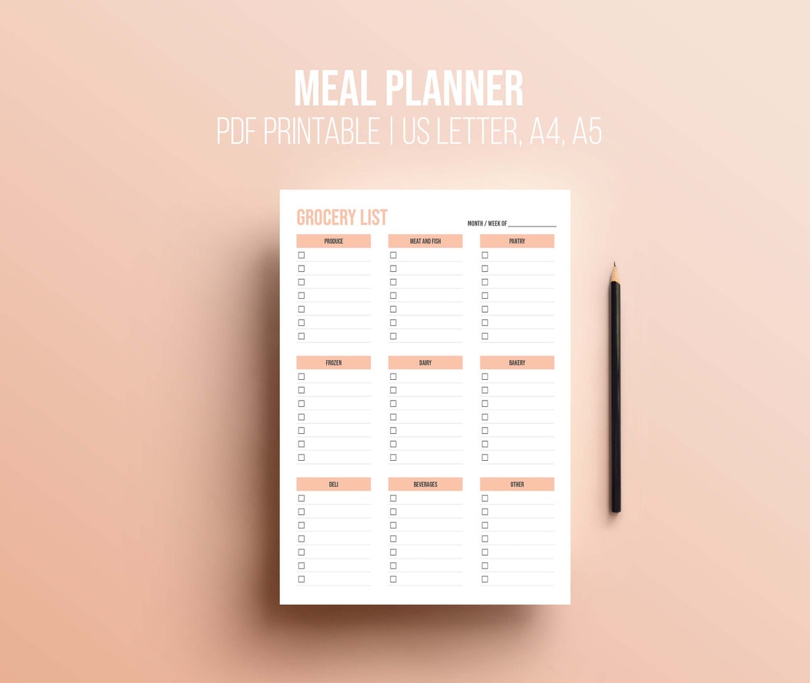 Meal Planner Printable & Grocery List - PDF Download, US Letter, A4, A5 ...
