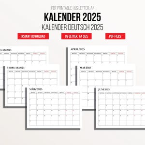Puede incluir: Calendario imprimible para 2025 en tamaño carta de EE. UU. El calendario está en alemán e incluye los meses de enero, febrero, marzo, abril, mayo y junio.