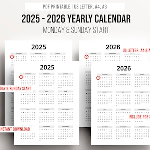 Printable 2025 2026 Yearly Calendar Monday & Sunday Start - Etsy