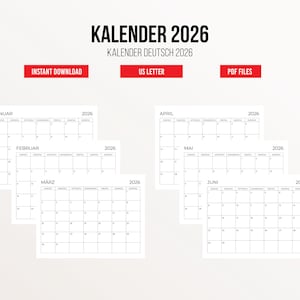 Kalender 2026 Deutsch | Monatsplaner | PDF-Dateien | US Letter