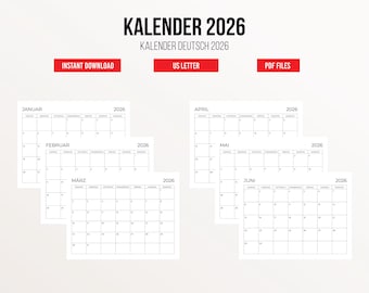 Kalender 2026 Deutsch / Monatsplaner / PDF-Dateien / Carta de EE. UU.