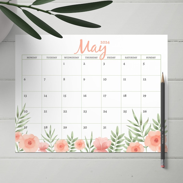 2024 Floral May Calendar, Monday start, Sunday start, watercolor, US letter