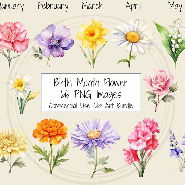 Birth Month Flowers Clipart Pack | 66 High Quality PNG Clip Art File Bundle | Watercolor Botanical Flower