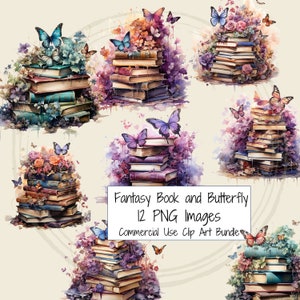 Aquarell Fantasy Bücher Sammlung Clipart, Bookish PNG Bücher Bündel, Bücherstapel und Schmetterlinge, Vintage Buchbibliothek Clipart, Buchliebhaber