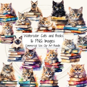 Bücher und Katzen Clipart Pack | 16 hochwertige PNG Clip-Art-Dateien | Aquarell Katzen und Kätzchen auf Stapel Büchern | Bibliothek Kat