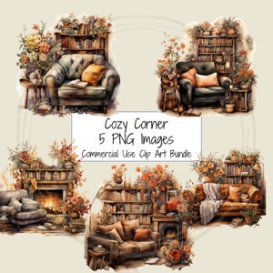 Cozy Corner Clip Art Pack, 5 High Quality PNG Clip Art File Bundle, Reading Nook Images