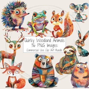 Pack de cliparts animaux de la forêt insolites, lot de 36 fichiers clipart PNG de haute qualité, illustration lunatique des graphiques de fête des animaux de chambre d'enfant