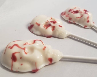 Blood Splatter White Chocolate Skull Molded Candy Melt Lollipop